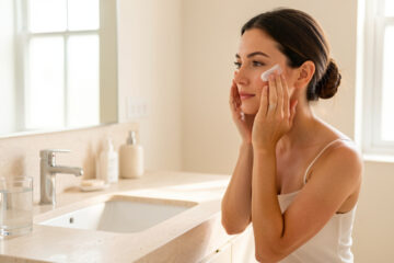 Femme appliquant une crème hydratante sur son visage dans une salle de bain lumineuse, avec un verre d’eau posé sur le plan de toilette.
