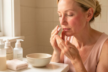 Femme de 48 ans à la peau claire et légèrement rougie appliquant délicatement une crème hydratante dans une salle de bains lumineuse, avec une routine de soins douce autour d’elle.