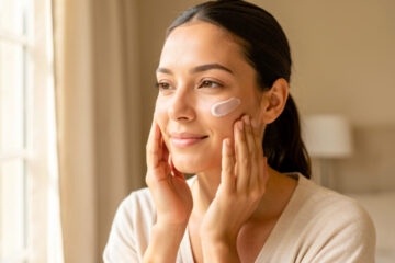 Une femme applique délicatement une crème hydratante sur son visage dans une chambre baignée de lumière matinale.