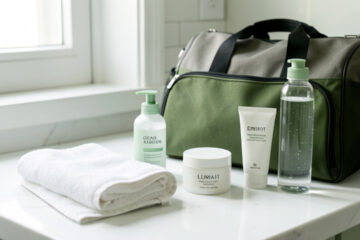 Produits doux et serviette disposés dans une salle de bain lumineuse pour une routine de soin de la peau après le sport.