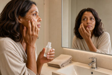 Femme d’une quarantaine d’années appliquant un sérum hydratant sur sa joue devant un miroir dans une salle de bain lumineuse.